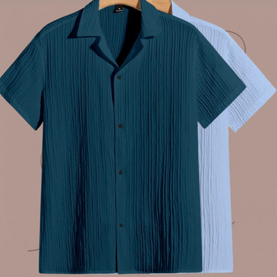 Looksky Men Self Design Casual Blue, Light Blue Shirt(Pack of 2)