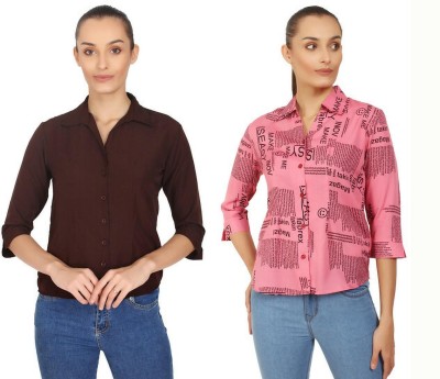 Laxmi sports Women Solid, Printed Casual Brown, Orange Shirt(Pack of 2)