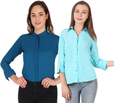 Miranga Women Solid Casual Dark Blue Shirt(Pack of 2)