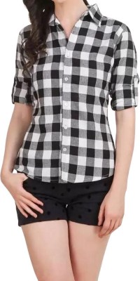 GLAMHOOD Women Checkered Casual Black Shirt