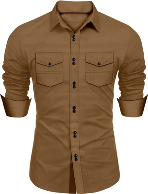 Hejama Men Solid Casual Brown Shirt
