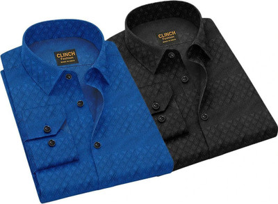 clinch fashion Men Self Design Casual Black, Dark Blue Shirt(Pack of 2)