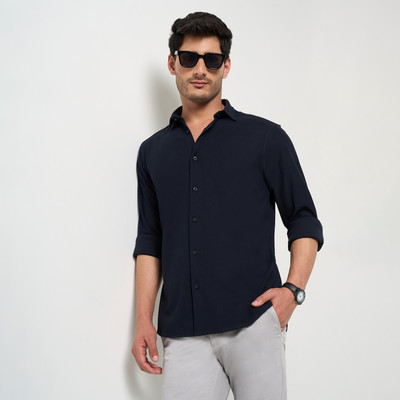 Peregrine by Pantaloons Men Solid Casual Dark Blue Shirt
