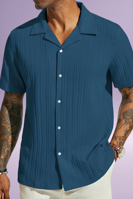A DEEMOON TREND Men Striped Casual Blue Shirt
