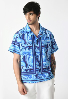 KISSOSS Men Graphic Print Casual Blue Shirt