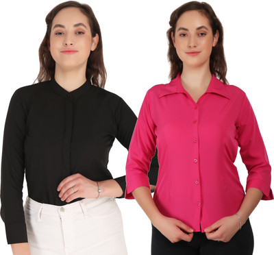 Miranga Women Solid Casual Blue Shirt(Pack of 2)