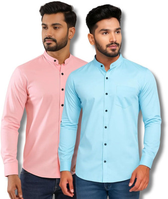 CROWNTAIL Men Solid Casual Pink, Light Blue Shirt(Pack of 2)