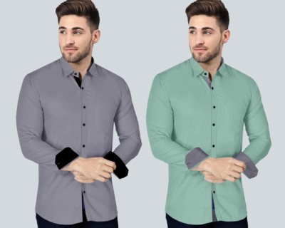 VTEXX Men Solid Formal Grey, Light Green Shirt(Pack of 2)