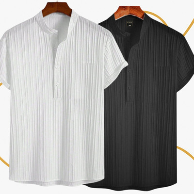 Looksky Men Self Design Casual White, Black Shirt(Pack of 2)