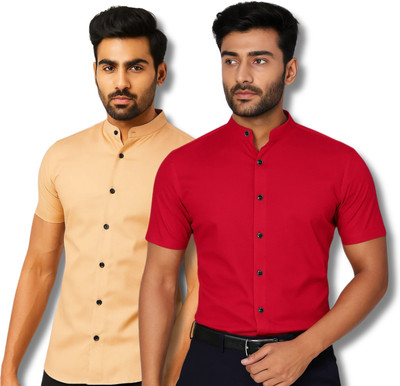 COTTONCHHAP Men Solid Casual Orange, Red Shirt(Pack of 2)