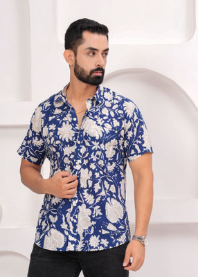 Samefit Men Printed Casual Blue, White Shirt
