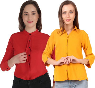 Miranga Women Solid Casual Maroon, Yellow Shirt(Pack of 2)