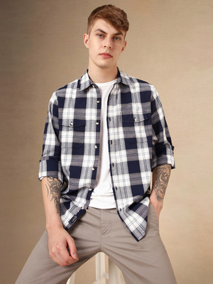 Dennis Lingo Men Checkered Casual Dark Blue Shirt