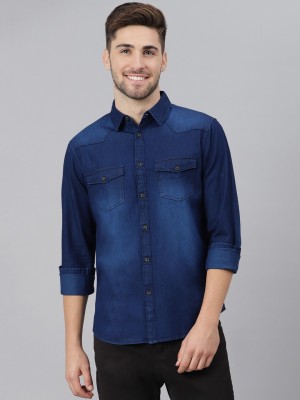 Dennis Lingo Men Solid Casual Dark Blue Shirt