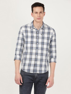 LEE Men Checkered Casual Blue, Dark Blue, White Shirt