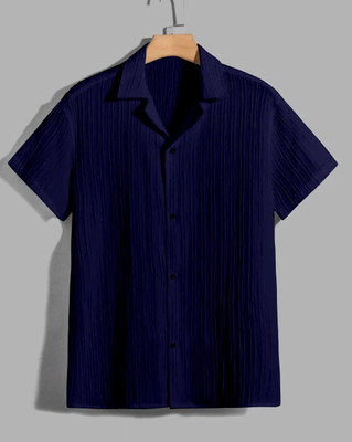 VK Couture Men Striped Casual Dark Blue Shirt