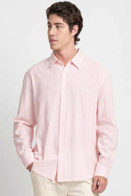 KISSOSS Men Striped Casual Pink Shirt