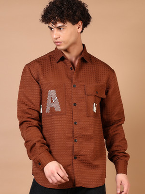 V-MART Men Self Design Casual Brown Shirt