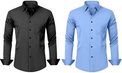 SOLVYN Men Solid Casual Black, Blue Shirt(Pack of 2)
