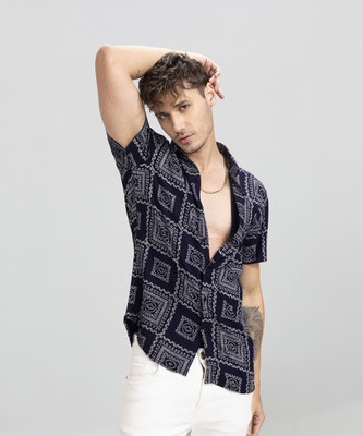Snitch Men Printed Casual Dark Blue Shirt
