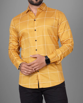 Clusy Men Checkered Formal Orange Shirt