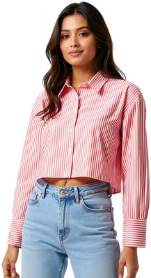 Glitchez Women Striped Casual Pink, White Shirt