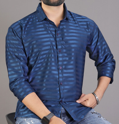 METRONAUT Men Striped Casual Dark Blue Shirt