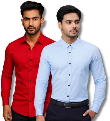 ClothTheory Men Solid Casual Red, Light Blue Shirt(Pack of 2)