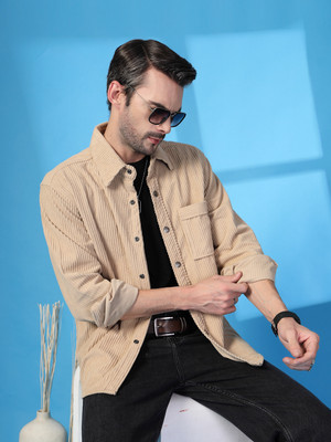 CHKOKKO Men Self Design Casual Beige Shirt