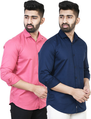 Feel high Men Solid Casual Dark Blue, Pink Shirt(Pack of 2)