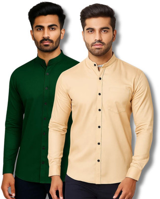 CROWNTAIL Men Solid Casual Green, Orange Shirt(Pack of 2)