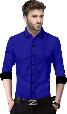 P & V Creations Men Solid Casual Blue Shirt