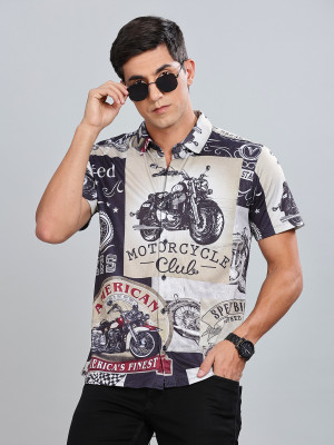 Bullmer Men Printed Casual Blue, White Shirt