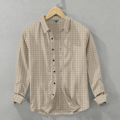UPQUEDS Men Checkered Casual Beige Shirt