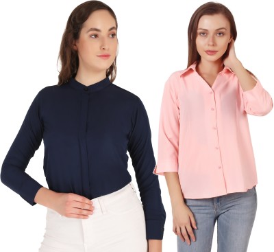 Hunoor Women Solid Formal Dark Blue, Pink Shirt(Pack of 2)