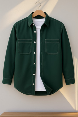 FOXEY Men Solid Casual Green Shirt