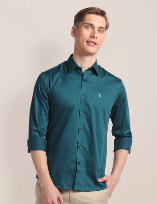 U.S. POLO ASSN. Men Self Design Casual Dark Green Shirt