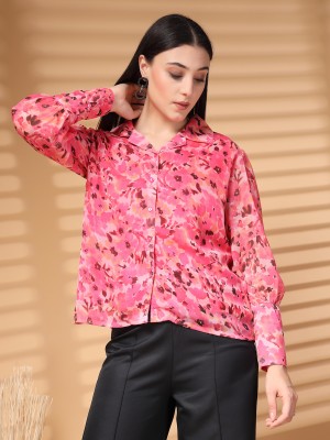 PLUSS Women Printed Casual Pink Shirt