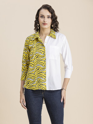 moomaya Women Animal Print Casual Yellow Shirt