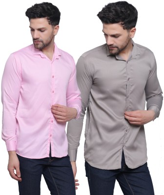 FILNECH Men Solid Casual Pink, Grey Shirt(Pack of 2)