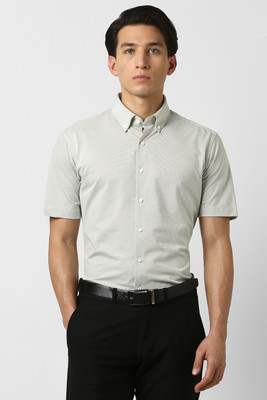 VAN HEUSEN Men Solid, Striped Formal Green Shirt