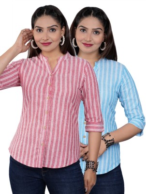 FABISHO Women Striped Casual White, Red, Light Blue Shirt(Pack of 2)