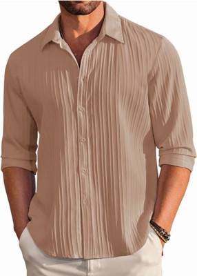 SANBROS Men Self Design, Striped Casual White Shirt