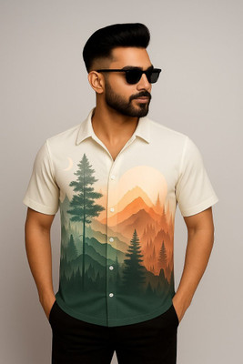 Morpich Fashion Men Printed Casual Cream, Orange Shirt