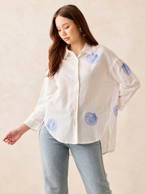 OUTZIDR Women Printed Casual White Shirt