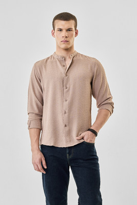 Snitch Men Self Design Casual Beige Shirt