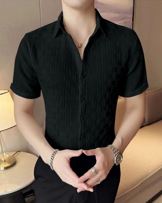 Mfiya Men Self Design Casual Black Shirt