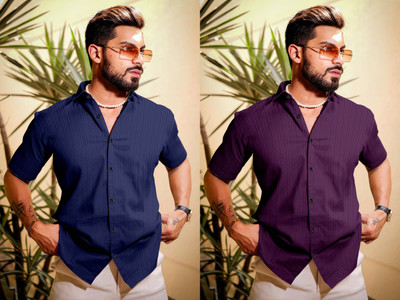 METRONAUT Men Self Design Casual Blue, Purple Shirt(Pack of 2)