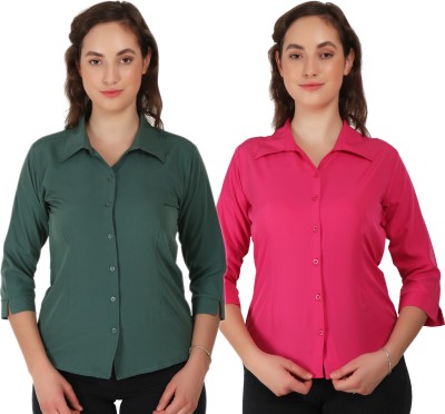 mdhav fashion Women Solid Casual Pink, Dark Green Shirt(Pack of 2)