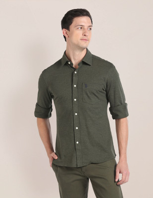 U.S. POLO ASSN. Men Self Design Casual Green Shirt